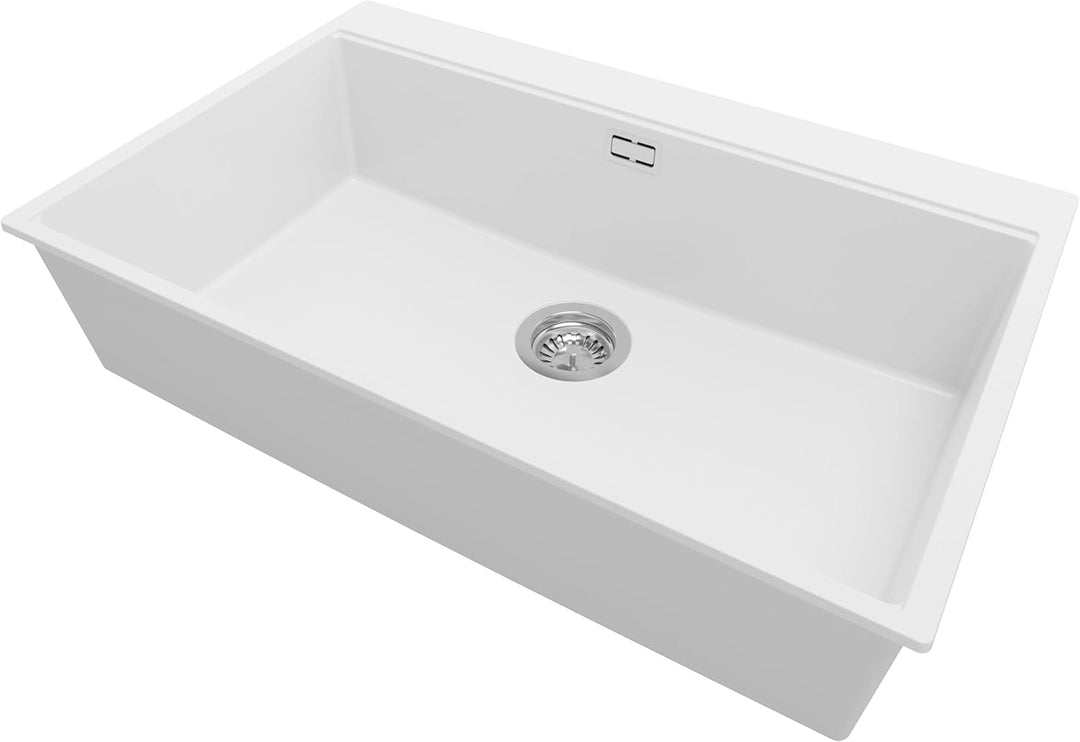 PRIMAGRAN Granitspüle Weiss 78x50cm, Granitspüle 1 Becken + Ablauf-Set, Küchenspüle ab 80er Untersch