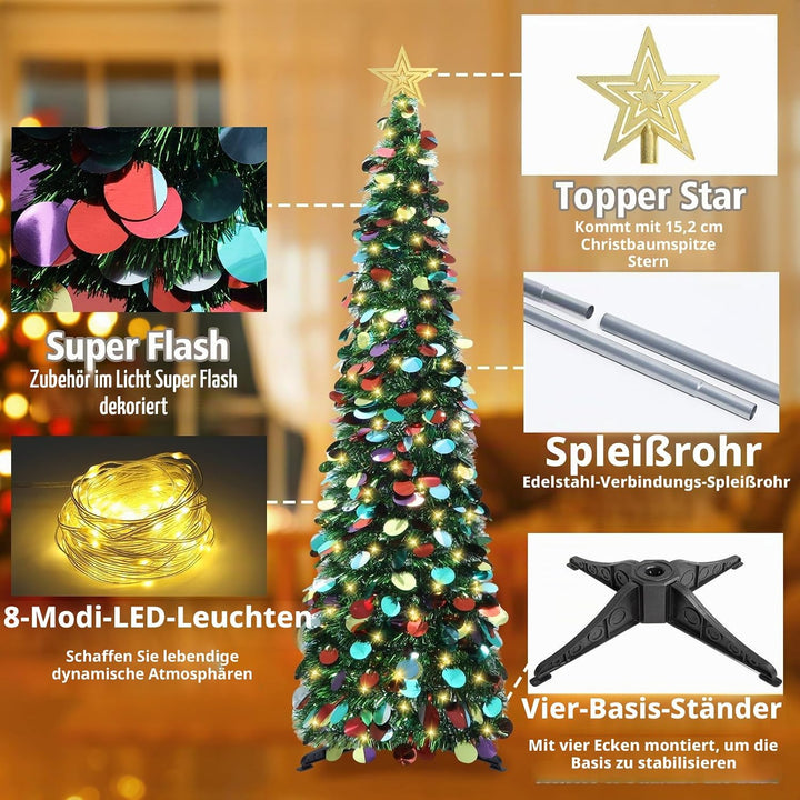 HMASYO 150 cm Pop-Up Lametta Weihnachtsbaum mit 50 Timer-Lichtern, Buntes Grün Zusammenklappbarer Kü
