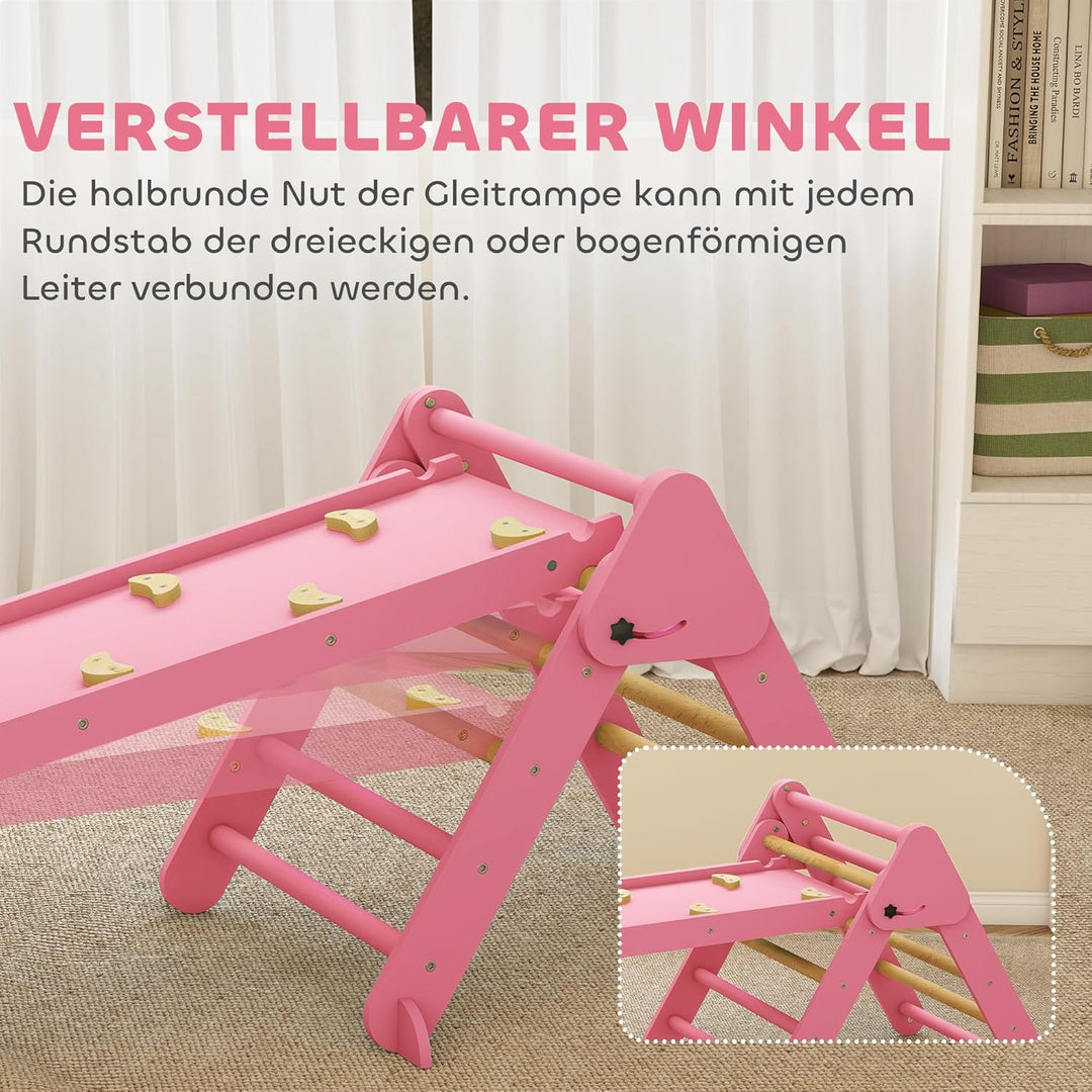 AIYAPLAY 7-in-1 Montessori Klettergerüst Indoor, faltbar Holz Kletterdreieck mit Rutsche, Bogen, Ind
