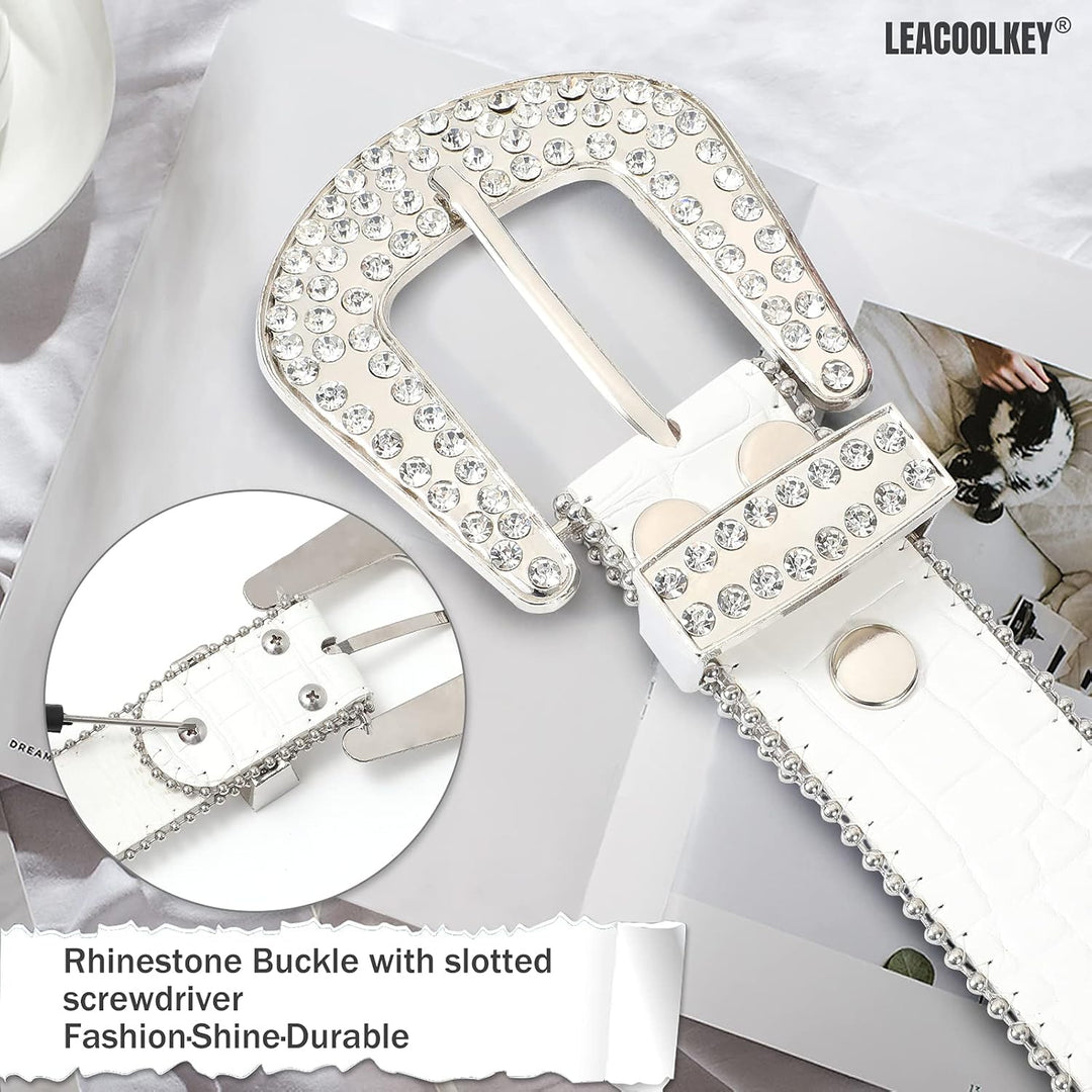 LEACOOLKEY Damen Männer Mode Strass Gürtel, Western Cowgirl Nieten Punk PU Ledergürtel für Jeans XL