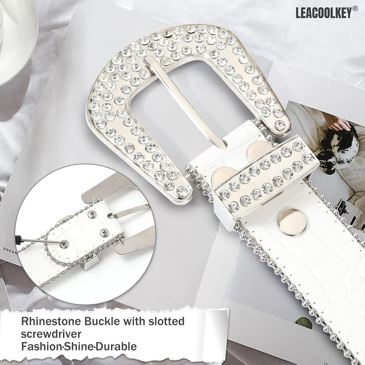 LEACOOLKEY Damen Männer Mode Strass Gürtel, Western Cowgirl Nieten Punk PU Ledergürtel für Jeans XL
