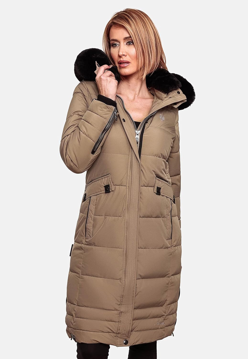 Navahoo Damen Wintermantel Warmer Steppmantel lang mit Abnehmbarer Kapuze Fahmiyaa XS-3XL M Taupe Gr