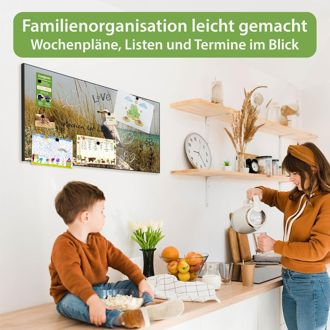 banjado Magnettafel schwarz 78 x 37cm / Magnetwand Metall/Magnetpinnwand als Memoboard/Pinnwand Magn