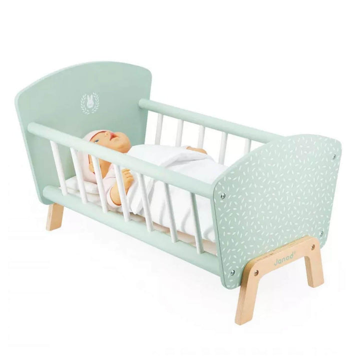 JANOD Zen Bett aus FSC-Holz-Rollenspielzeug-Puppenbett mit Hasen-Kopfkissen und Decke-Puppenzubehör-