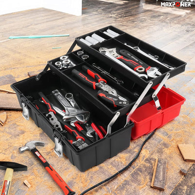 MAXPOWER Werkzeugkoffer leer, Werkzeugkiste gross mit 3 Laden, Werkzeugkasten 42 x 18 x 17 cm mit Me