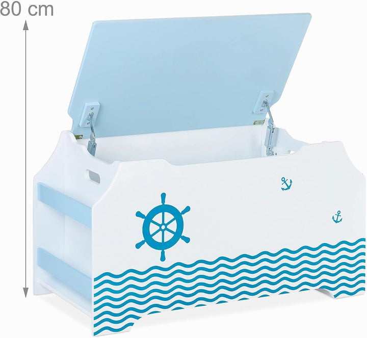 Relaxdays Spielzeugtruhe Seemann, Spielzeugkiste mit Deckel, HBT: 46 x 84 x 42,5 cm, Bücherfach, Spi