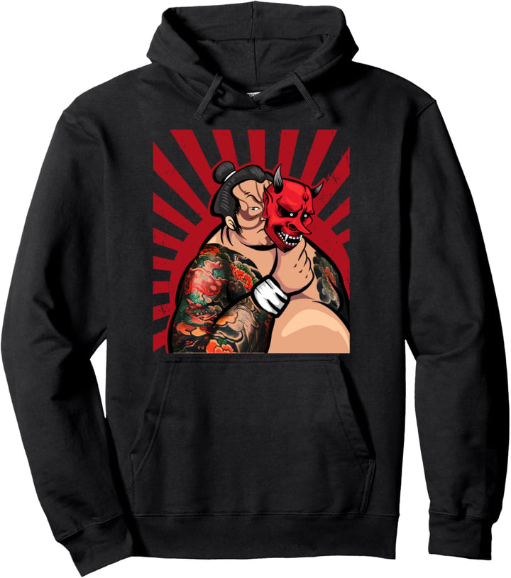 Japanese Sumo Wrestler Ringer Demon Oni Mask Yokai Aesthetic Pullover Hoodie