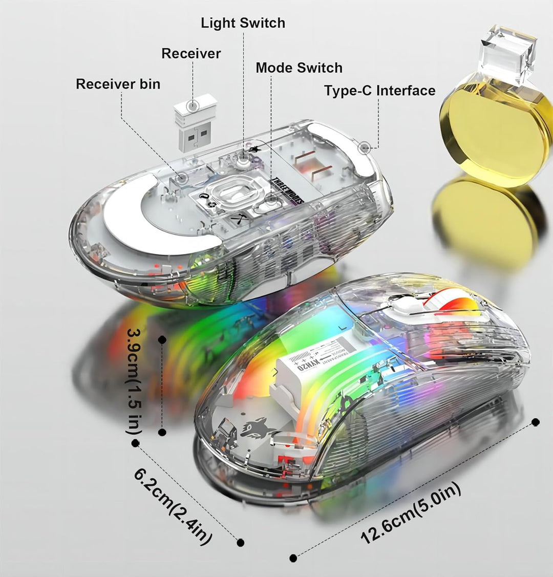 Mengshen Transparente kabellose Gaming-Mäuse, wiederaufladbare Maus mit 5-stufiger DPI-Stufe Bunte H