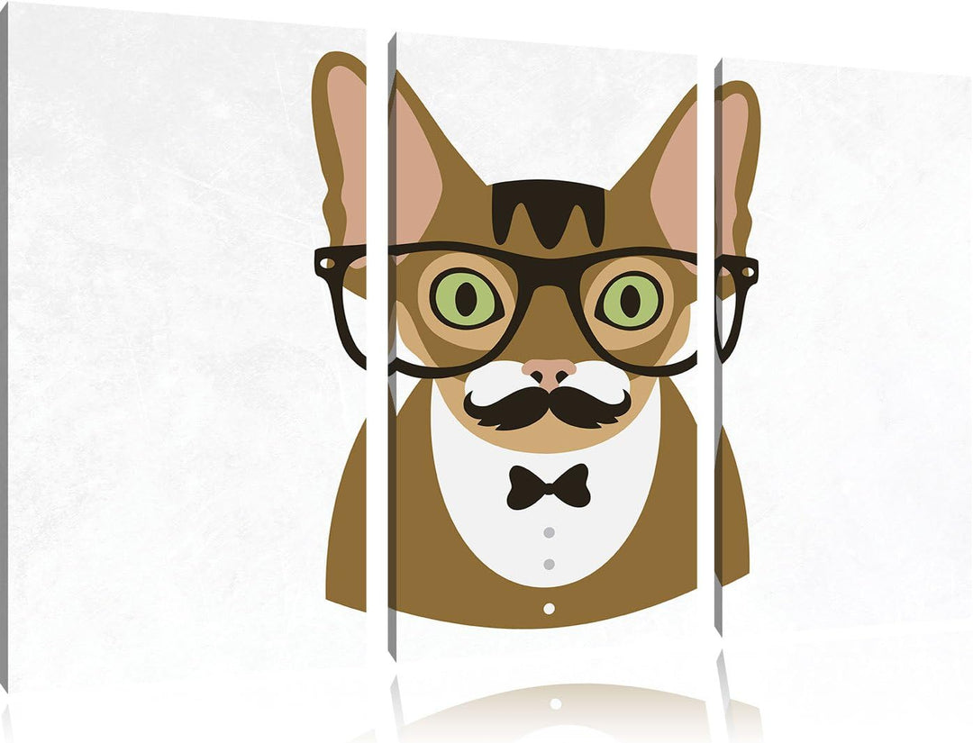 Pixxprint Hipster Katze mit Brille, Schnurbart und Fliege (Main Coon) weiss 3-Teiler Leinwandbild 12