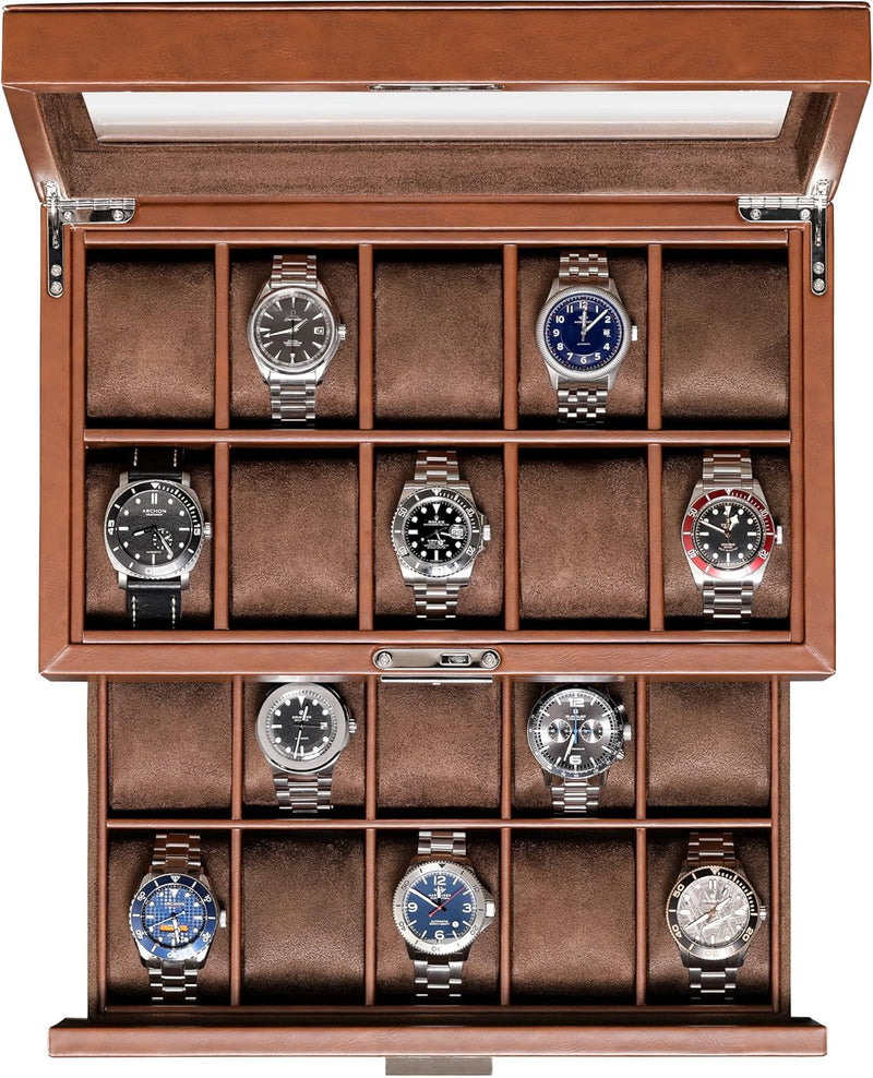 ROTHWELL Uhrenbox aus Leder mit 20 Fächern, luxuriöses Uhrengehäuse, Schmuck-Organizer, verschliessb