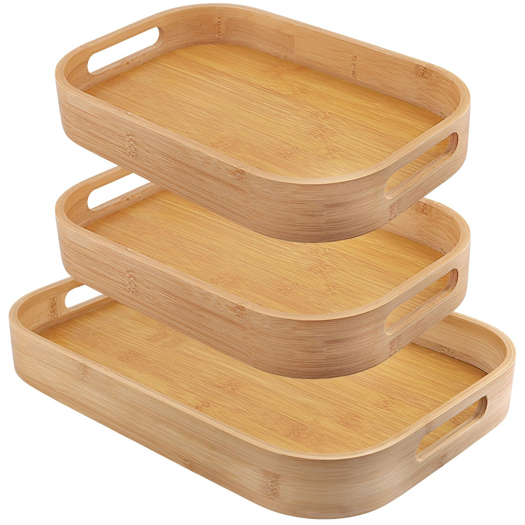 FUNSUEI 3er Set Bambus Serviertablett, Tablett Serviertablett Holz mit Griffen, 2 Grössen Rechteckig