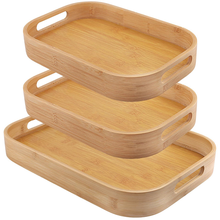 FUNSUEI 3er Set Bambus Serviertablett, Tablett Serviertablett Holz mit Griffen, 2 Grössen Rechteckig