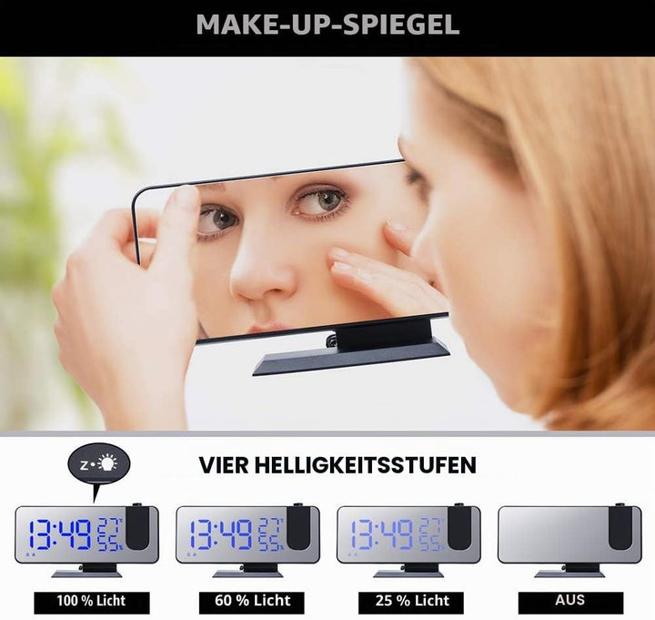 YUNYODA Projektionswecker, digitaler LED-Wecker mit Spiegeloberfläche, USB-Ladeanschluss, Schlummerf