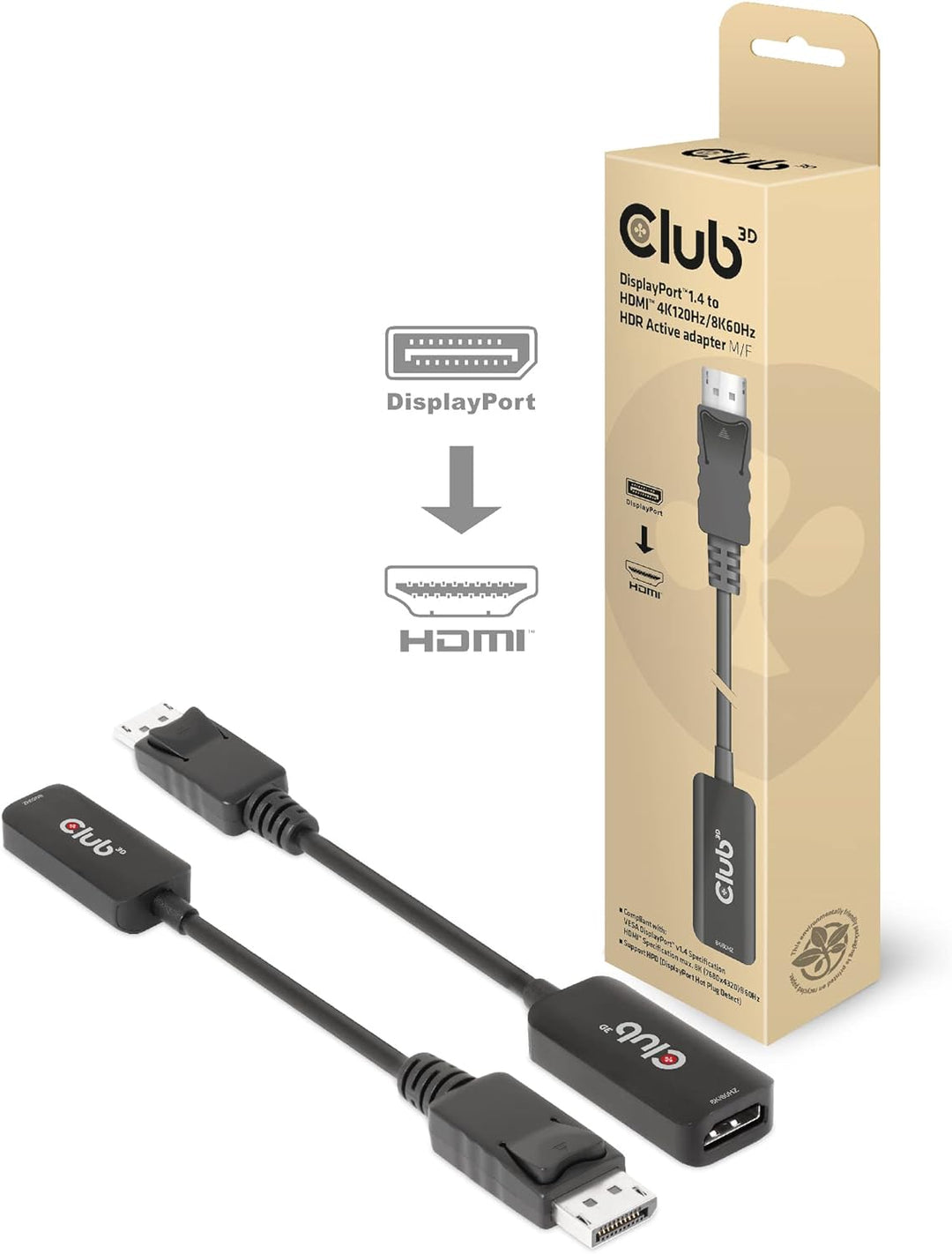 Club3D DisplayPort™1.4 auf HDMI™ 4K120Hz/8K60Hz HDR-Aktiv-Adapter St./B