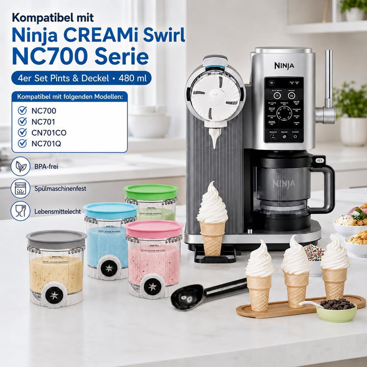 4 Stück Creami Swirl Behälter kompatibel mit Ninja CREAMi NC700/NC701EU Serie, 480 ml Eisbehälter mi