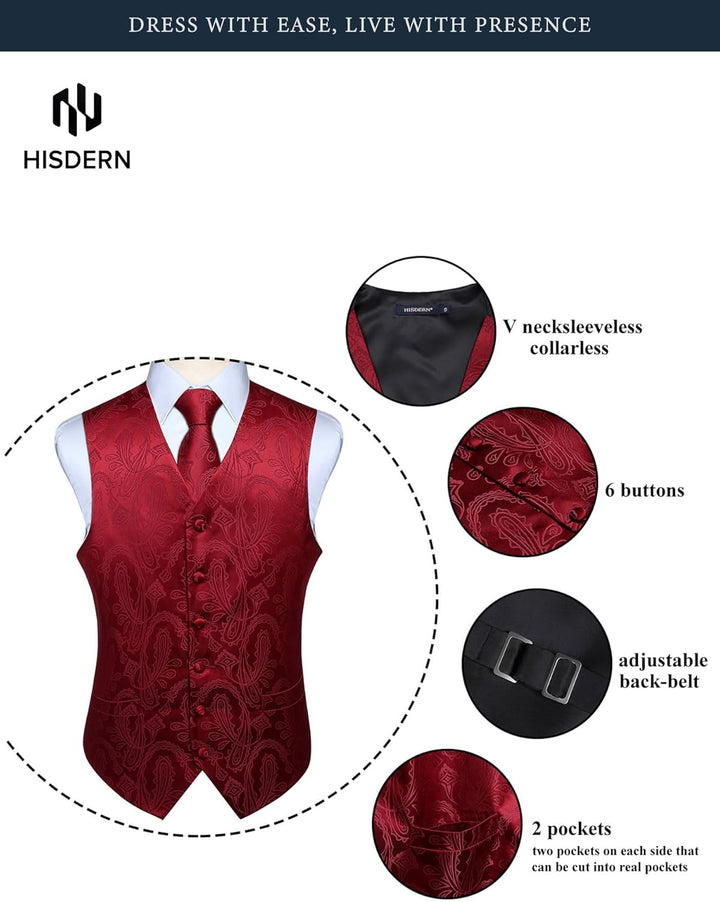 HISDERN Herren FLoral Hochzeit Weste Krawatte Einstecktuch Taschentuch Jacquard Weste Anzug Set L Bu