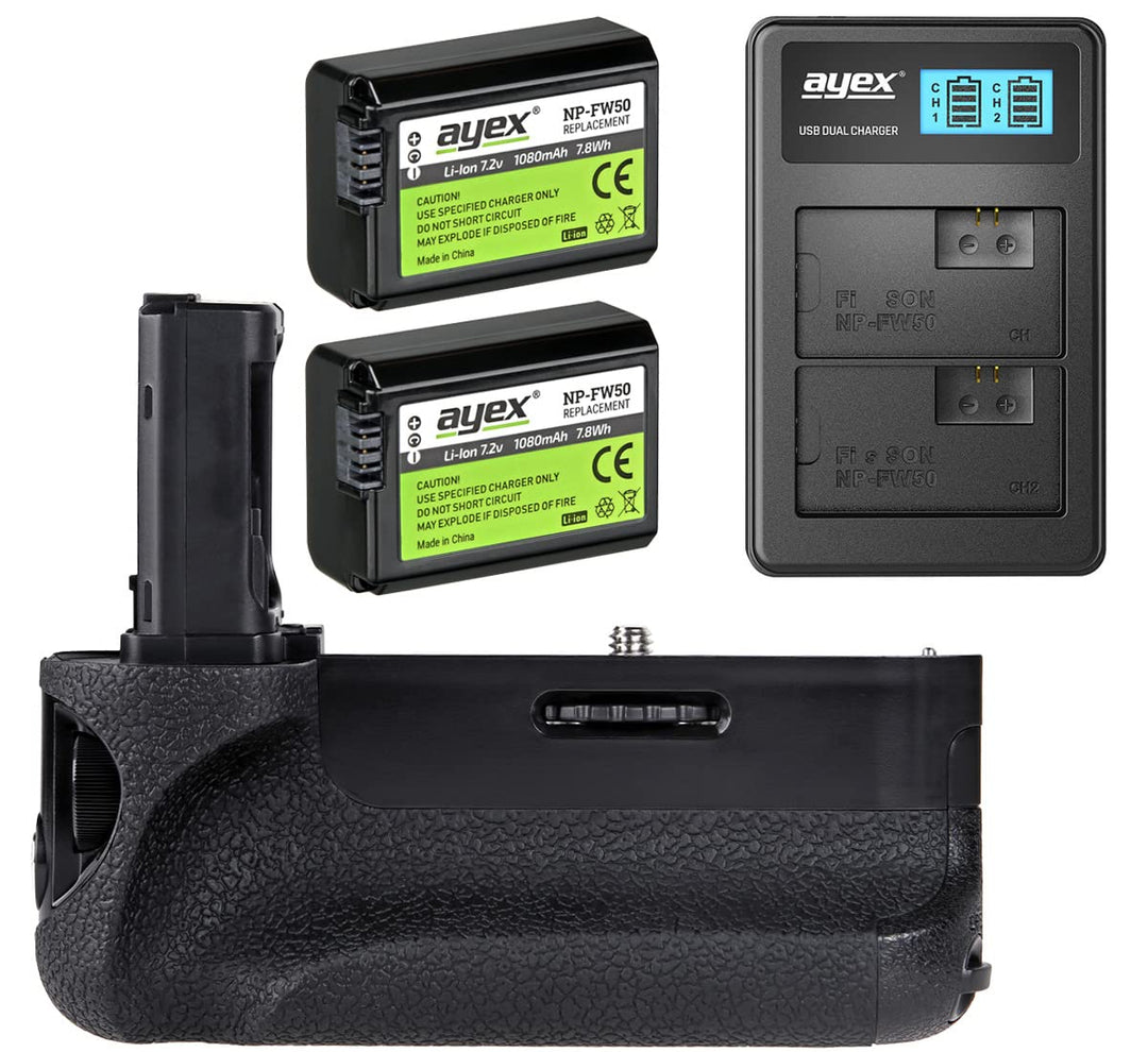 ayex Batteriegriff AX-A7/A7R/A7S Passend für Sony A7, A7R, A7S (ähnlich VG-C1EM) + 2 x ayex Akku NP-
