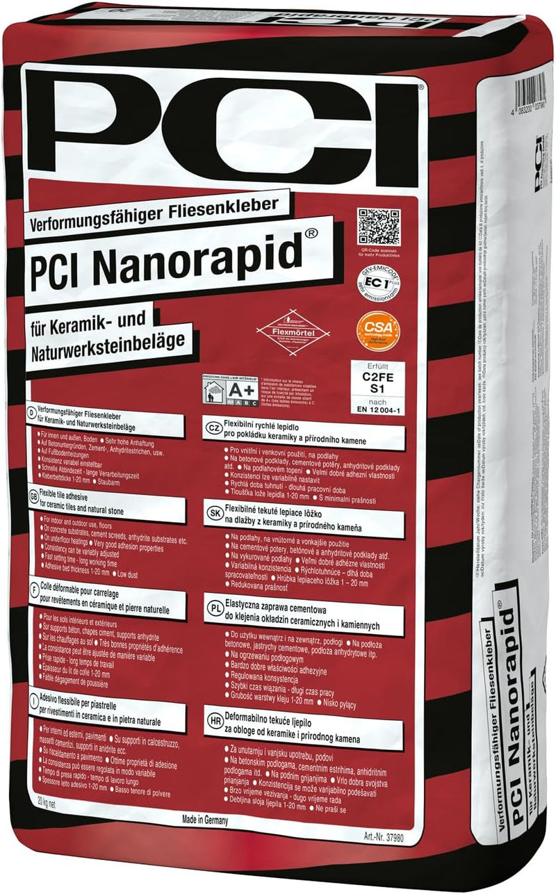PCI Nanorapid flexibler Fliesenkleber 20kg für alle Fliesen, Keramik- und Natursteinbeläge für innen
