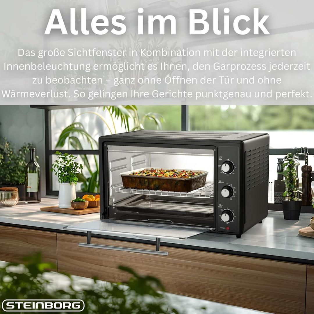 Mini Backofen 45 Liter | 1800 Watt | Umluft | Pizzaofen | Innenbeleuchtung | Inkl. Backblech und Gri