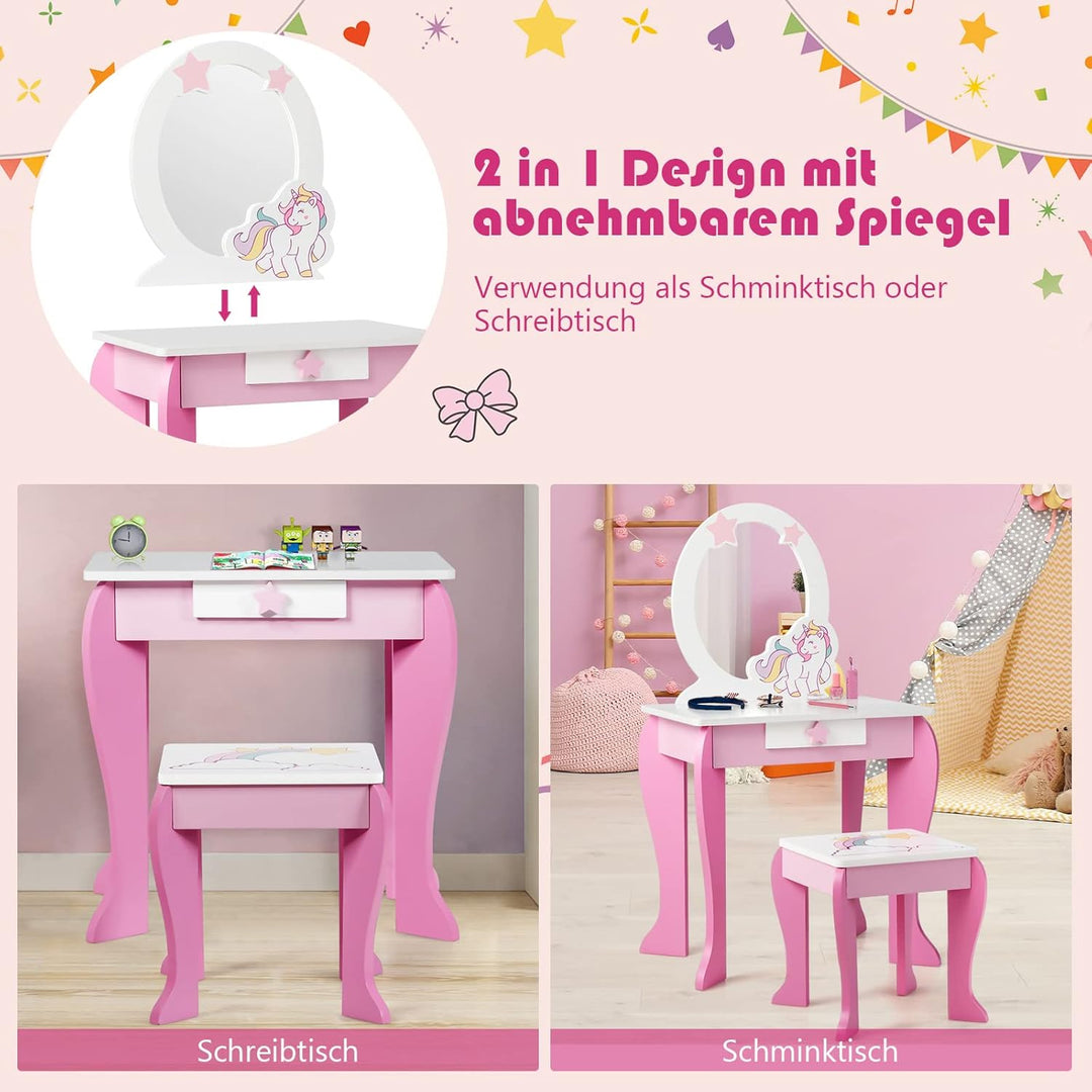 DREAMADE Kinder Schminktisch mit Hocker und Abnehmbarer Spiegel, Prinzessin Frisiertisch für Kinder,