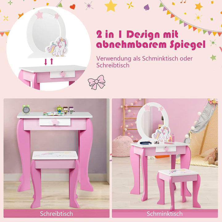 DREAMADE Kinder Schminktisch mit Hocker und Abnehmbarer Spiegel, Prinzessin Frisiertisch für Kinder,