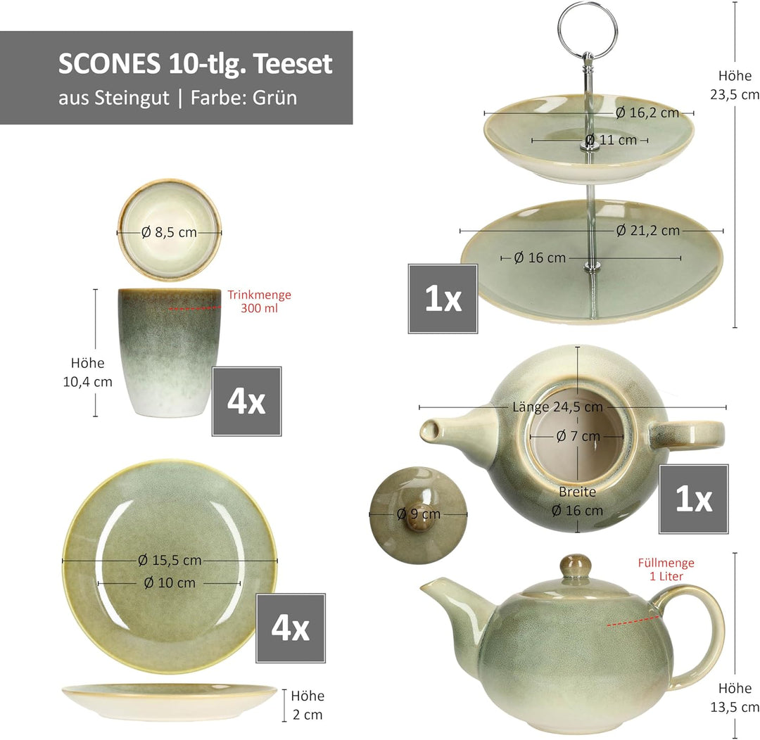 MamboCat 10tlg Teeset Scones Grün I 1x Etagere 2-stöckig, 1x Teekanne, 4X Becher & 4X Teller aus Ste