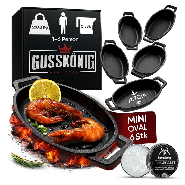 GUSSKÖNIG Servierpfannen Set – 6 ovale Gusseisen Grillpfännchen für den Grill – Gusseisenpfanne klei