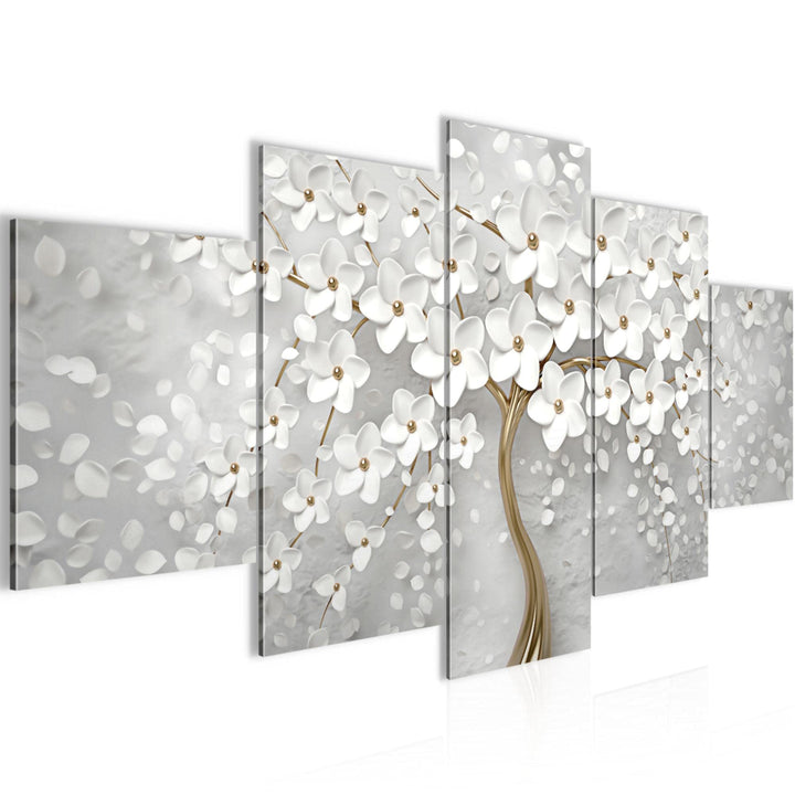 Runa Art Wandbilder Blumen 5 Teilig Bild auf Vlies Leinwand Deko Wohnzimmer Abstrakt Baum Weiss Gold