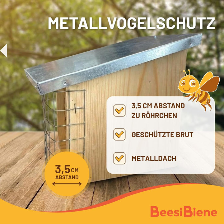 BEESI Bienenhotel mit Metalldach &amp; Schutzgitter - Langlebiges Insektenhaus für Solitärbienen - Natür