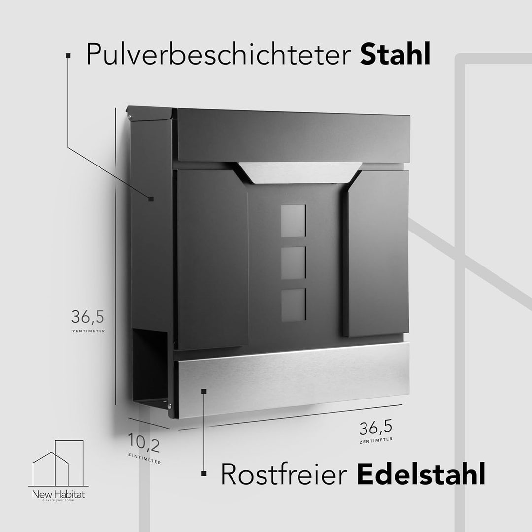 Moderner Briefkasten Personalisierbar Madrid Anthrazit RAL7016 - mit Zeitungsfach - Wandbriefkasten