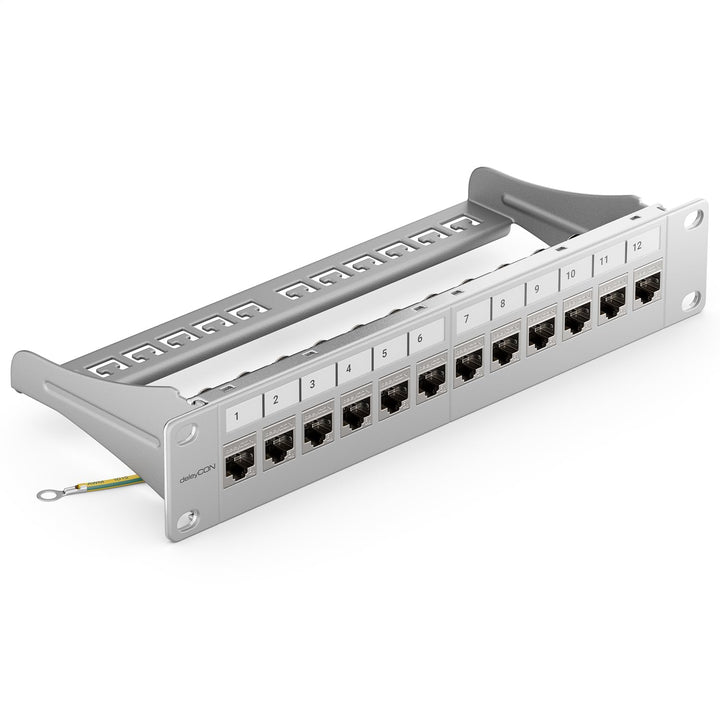 deleyCON 12 Port Patchpanel Set Patchfeld Modular 1 HE 10" Zoll Rackeinbau + 12x RJ45 Keystone Modul