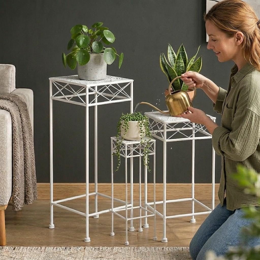 DanDiBo Blumenhocker Weiss Metall Eckig Blumenständer 96314 3er Set Beistelltisch Blumensäule Modern