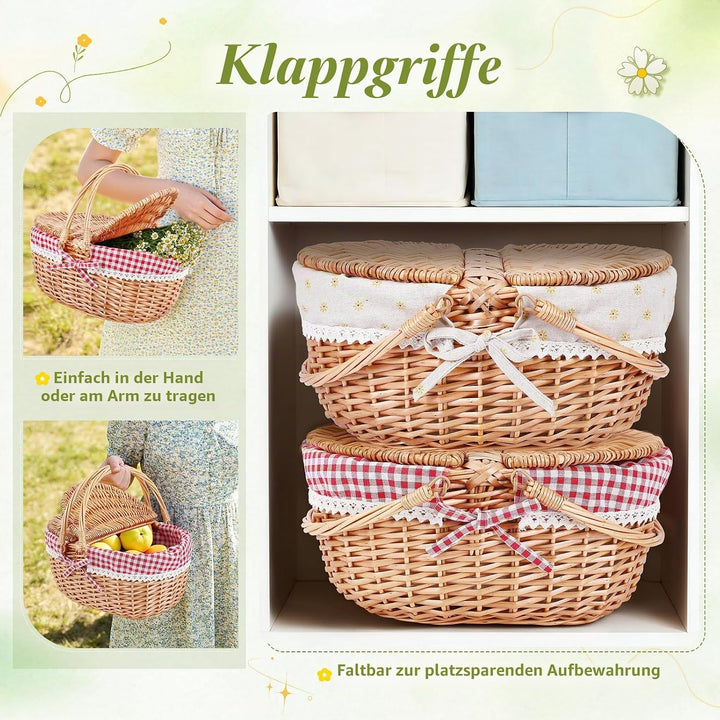 Picknickkorb, Picknickkorb mit Doppelt zu öffnendem Deckel und Klappbarem Griff, Handgewebter Korb m
