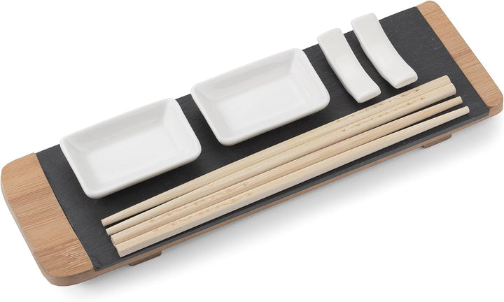 hochwertiges Sushi Set Bambus Schiefer Keramik Essstäbchen Saucen Schalen