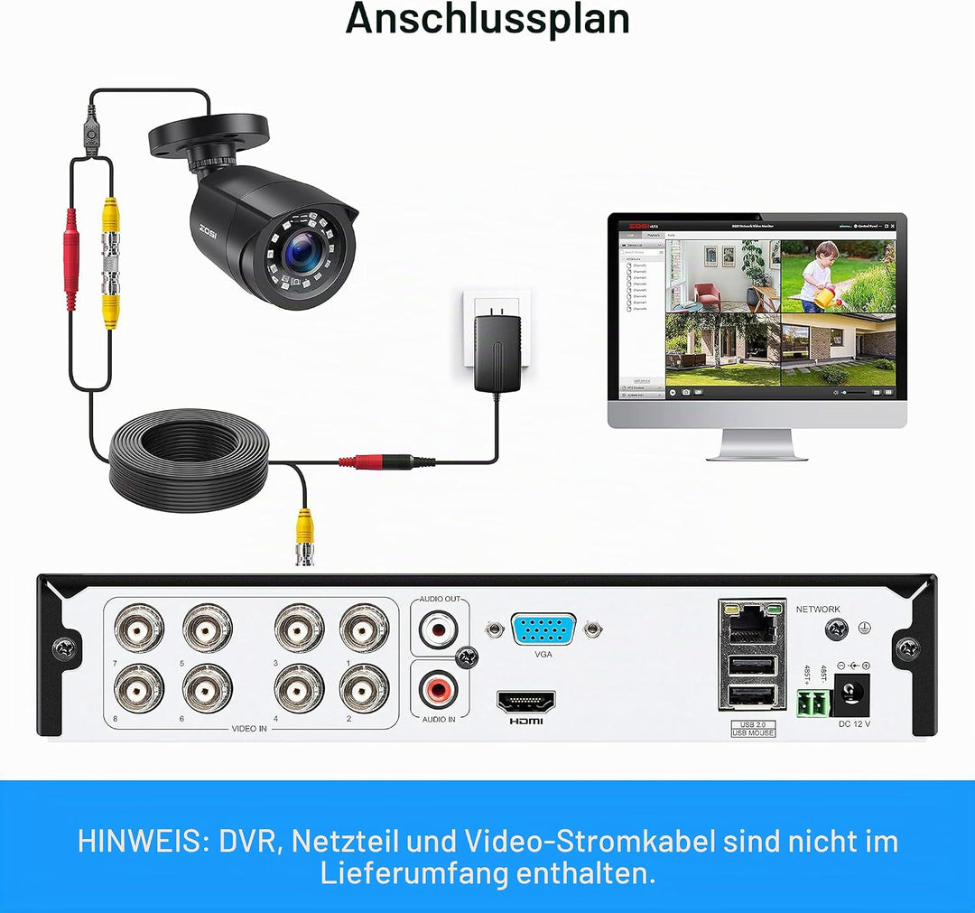 ZOSI 4 Stück 2MP 1080P Outdoor Video Überwachungskamera Set mit Netzteil und Videokabel, 1080P TVI H