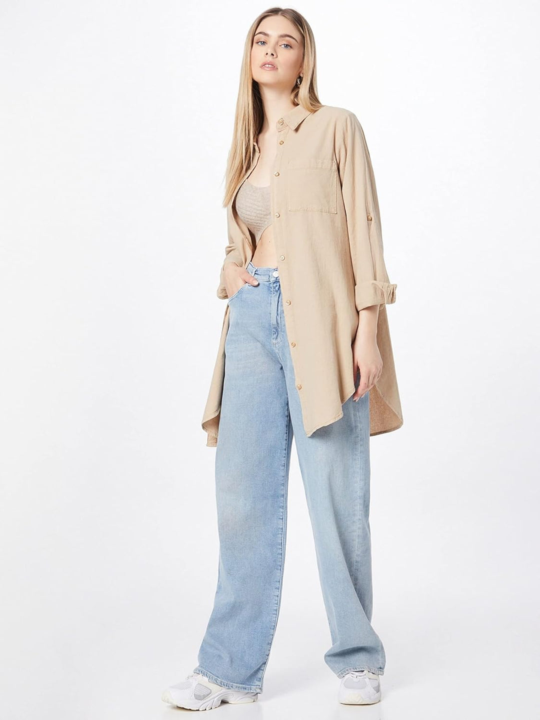 KAFFE KAnaya Shirt Tunic Damen Hemd Langarm Kragen Lang Casual Hemdbluse 34 Classic Sand, 34 Classic