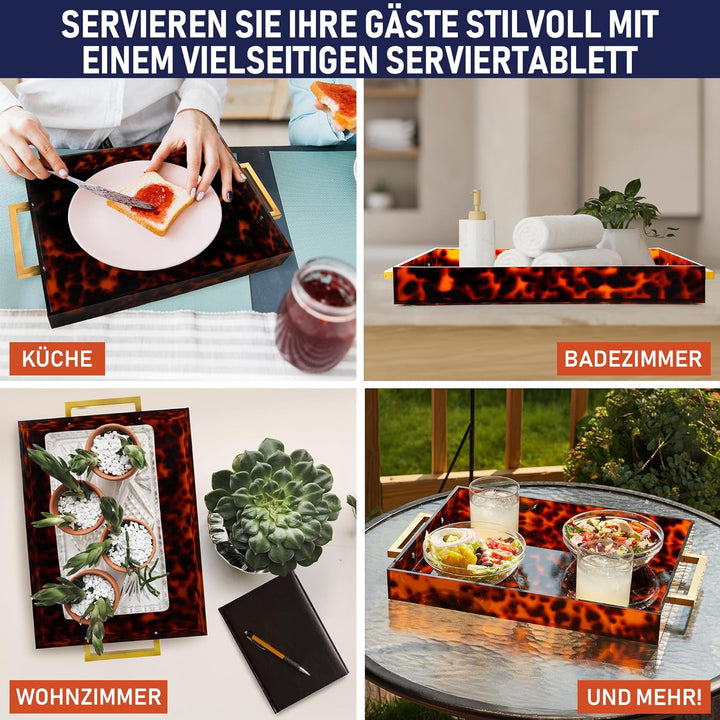 Acryl Serviertablett, goldene Griffe, 40,6 x 30,5 x 5,1 cm dekoratives Tablett für Tisch, Lebensmitt