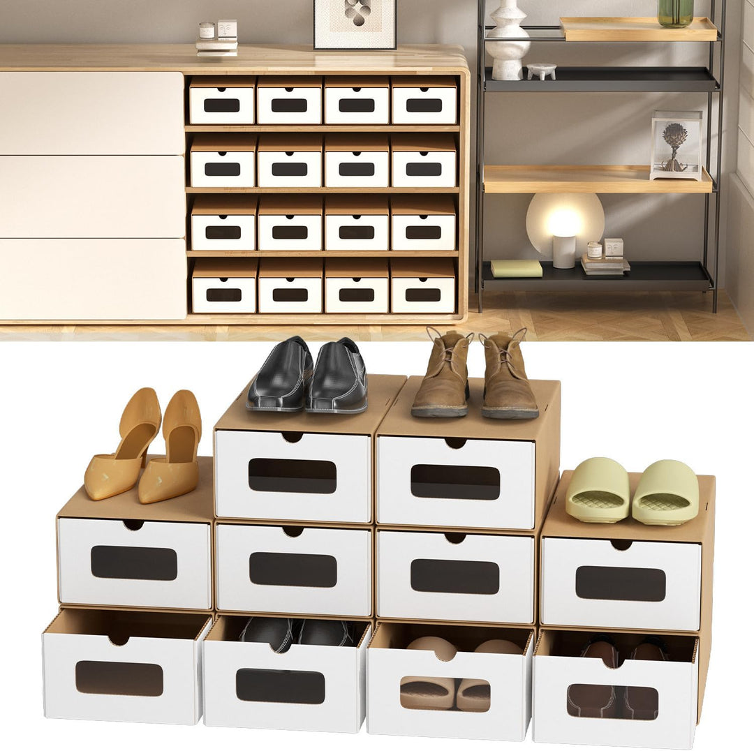 10x Aufbewahrungsbox in Weiss und Braun – Stapelbare Schuhbox aus Kraftpapier mit Sichtfenster, Falt
