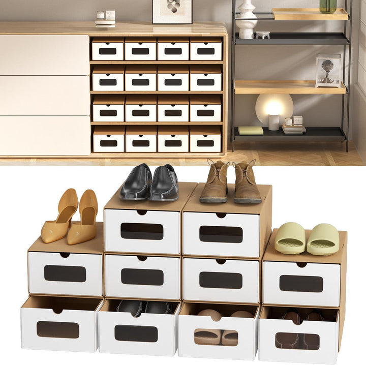 10x Aufbewahrungsbox in Weiss und Braun – Stapelbare Schuhbox aus Kraftpapier mit Sichtfenster, Falt