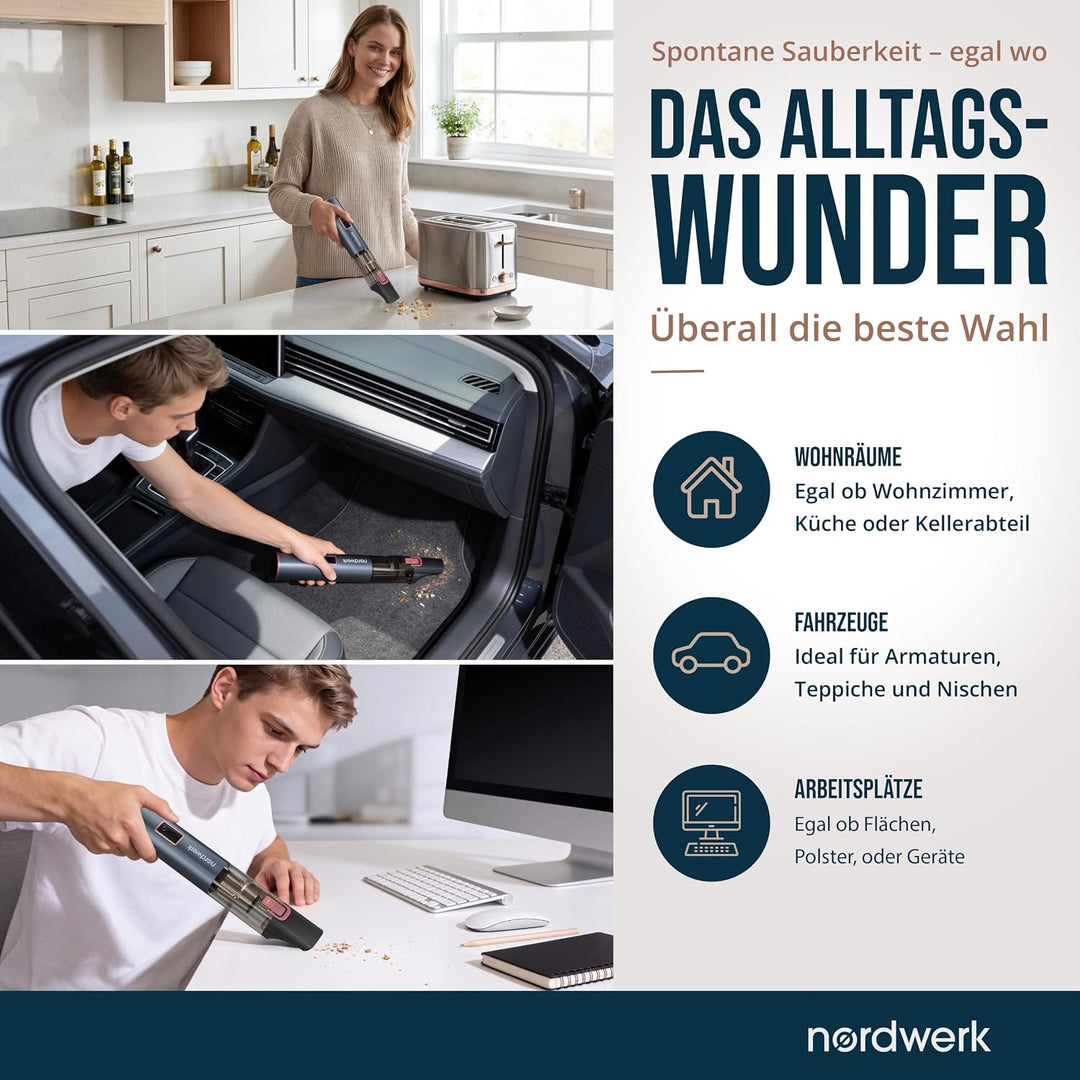 Akku Handstaubsauger Nordwind Flex für Haushalt &amp; Auto, kabellos | starker Mini Staubsauger mit Home