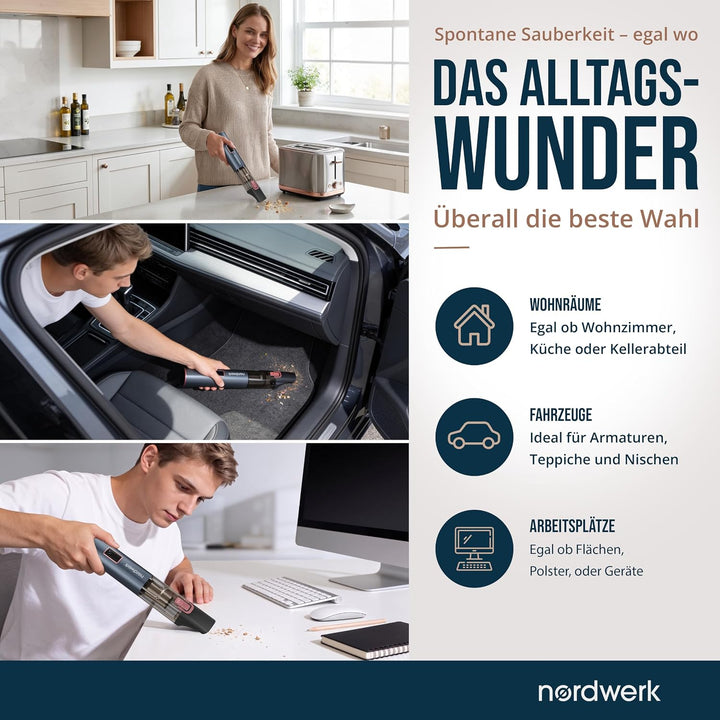 Akku Handstaubsauger Nordwind Flex für Haushalt &amp; Auto, kabellos | starker Mini Staubsauger mit Home