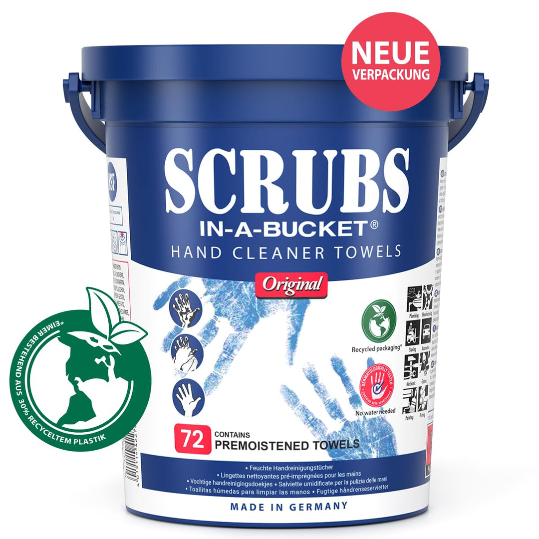 SCRUBS in-a-bucket mit nachhaltigem SCRUBS Refill Nachfüllpack mit je 72 Stück Handreinigungstücher
