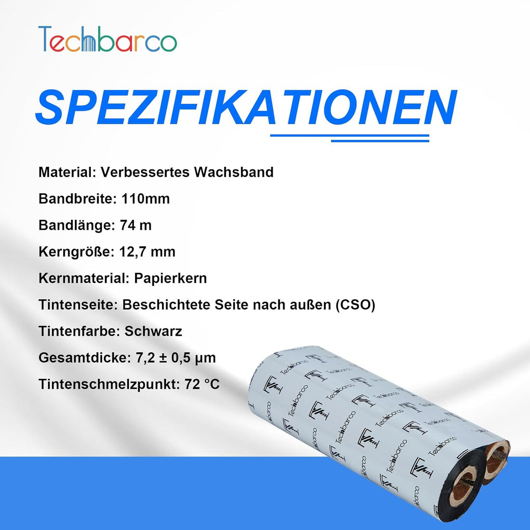 Desktop-Thermotransfer-Bänder, 110 mm x 74 m, hochwertiges verbessertes Wachs, 1,3 cm Kern, mit leer