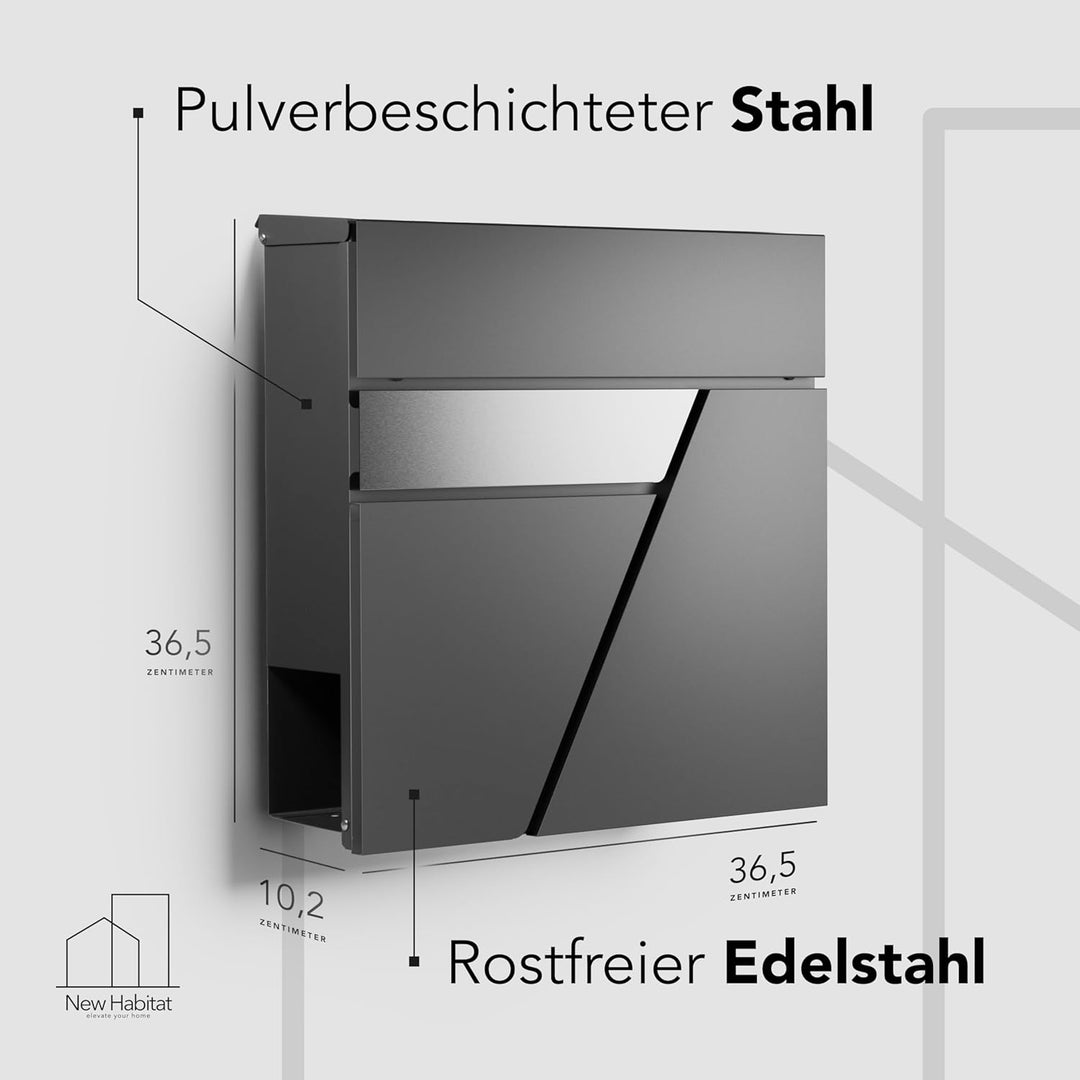 NewHabitat - Briefkasten Amsterdam mit Zeitungsfach - Anthrazit RAL 7016 | Moderner Wandbriefkasten