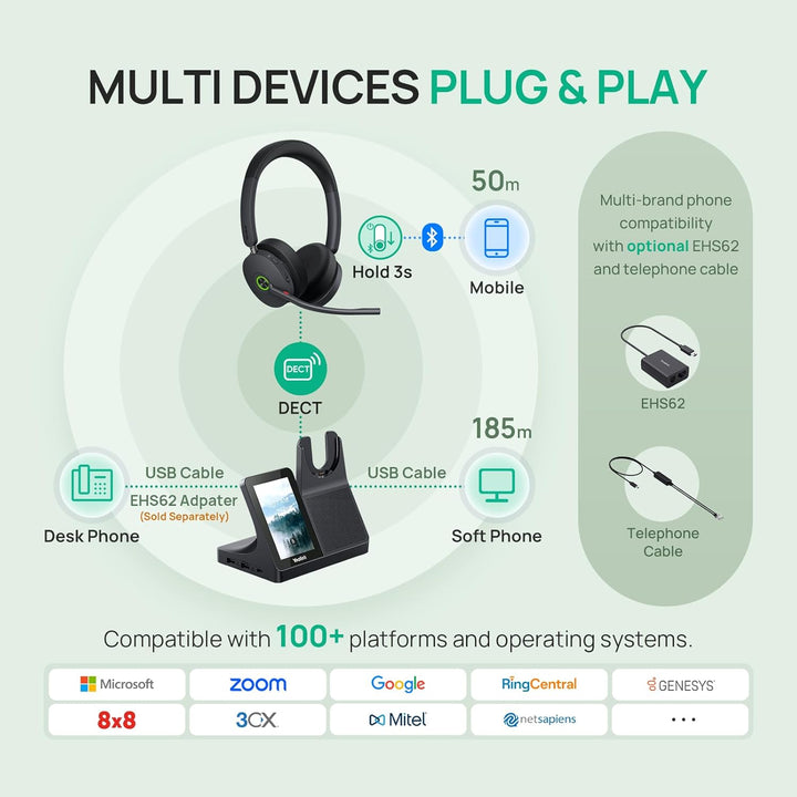 Yealink WH68 All-in-One UC-Workstation - DECT & Bluetooth Wireless Headset mit 4-Zoll Touchscreen, H