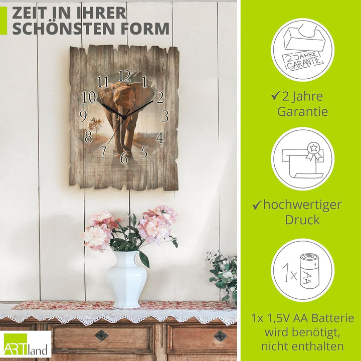 ARTLAND Wanduhr ohne Tickgeräusche aus Holz Funk Uhr 30x40 cm Rechteckig Lautlos Afrika Elefant Tier