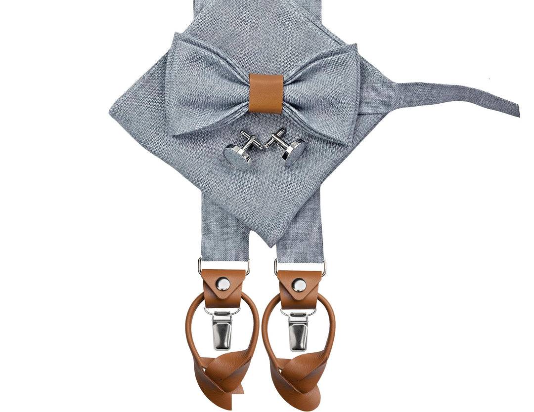 LINILI Leinen Accessoires SET: Fliege, Hosenträger, Einstecktuch, Manschettenknöpfe- Fliege Bereits