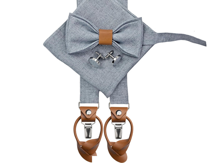 LINILI Leinen Accessoires SET: Fliege, Hosenträger, Einstecktuch, Manschettenknöpfe- Fliege Bereits
