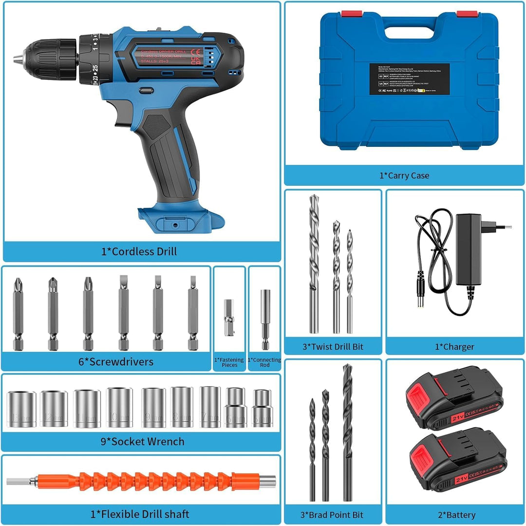 21V Akkuschrauber Set mit Koffer – 2×2000 mAh Akkus, 2-Gang, 25+3 Drehmomentstufen, 10 mm Schnellspa