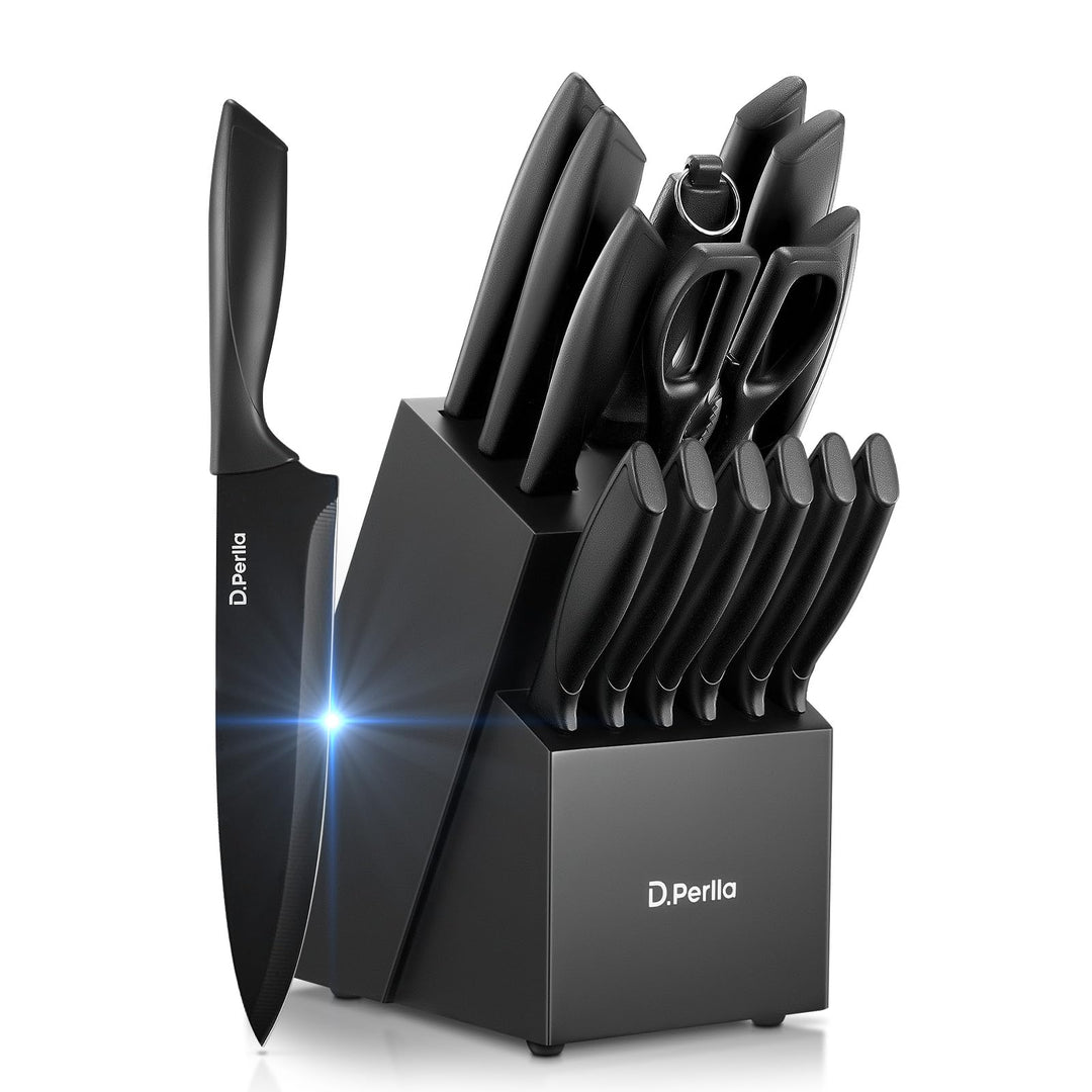 D.Perlla Messerblock, 15-TLG Scharf Edelstahl Messerblock Set mit Kunststoff-Griff und Holzblock, Me
